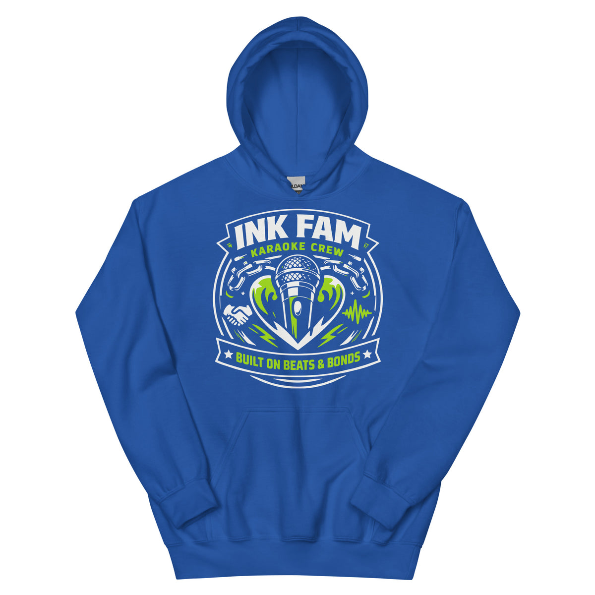 Royal pullover hoodie, front view, featuring DJ Ink Beats & Bonds shield with a microphone and green-and-white lettering.