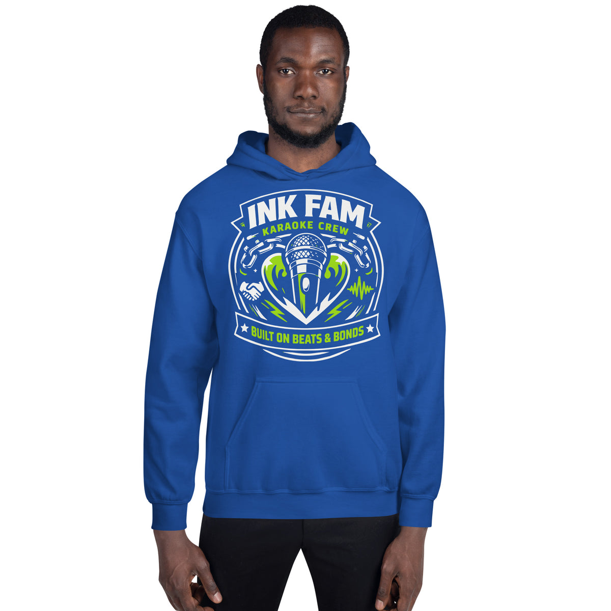 Royal pullover hoodie, front view, featuring DJ Ink Beats & Bonds shield with a microphone and green-and-white lettering.