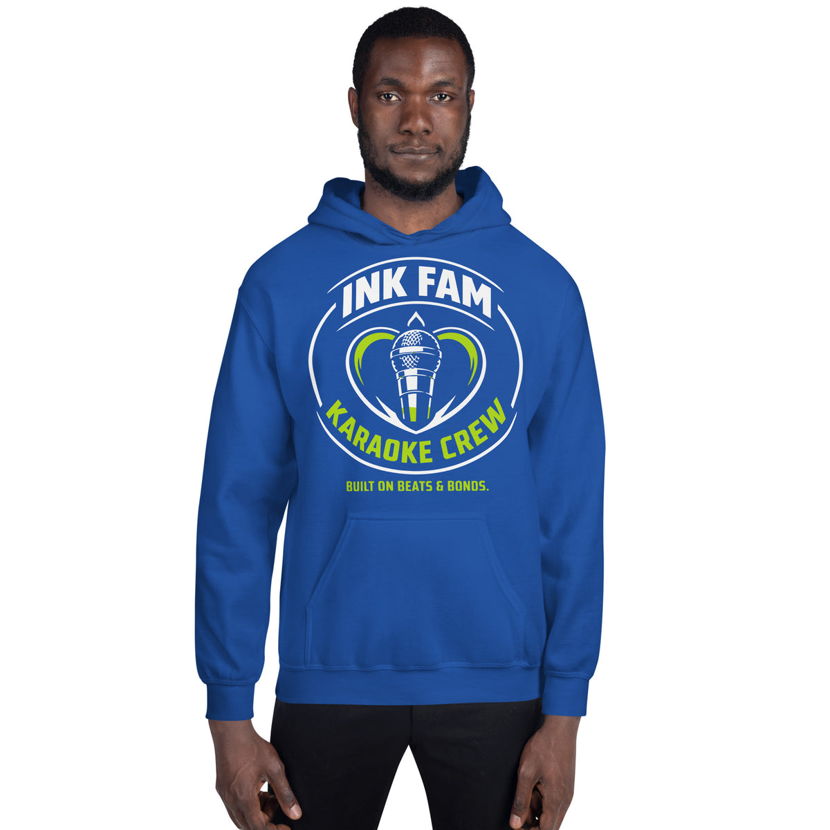 Royal pullover hoodie, front view, featuring the green-and-white circular DJ Ink Fam microphone badge.
