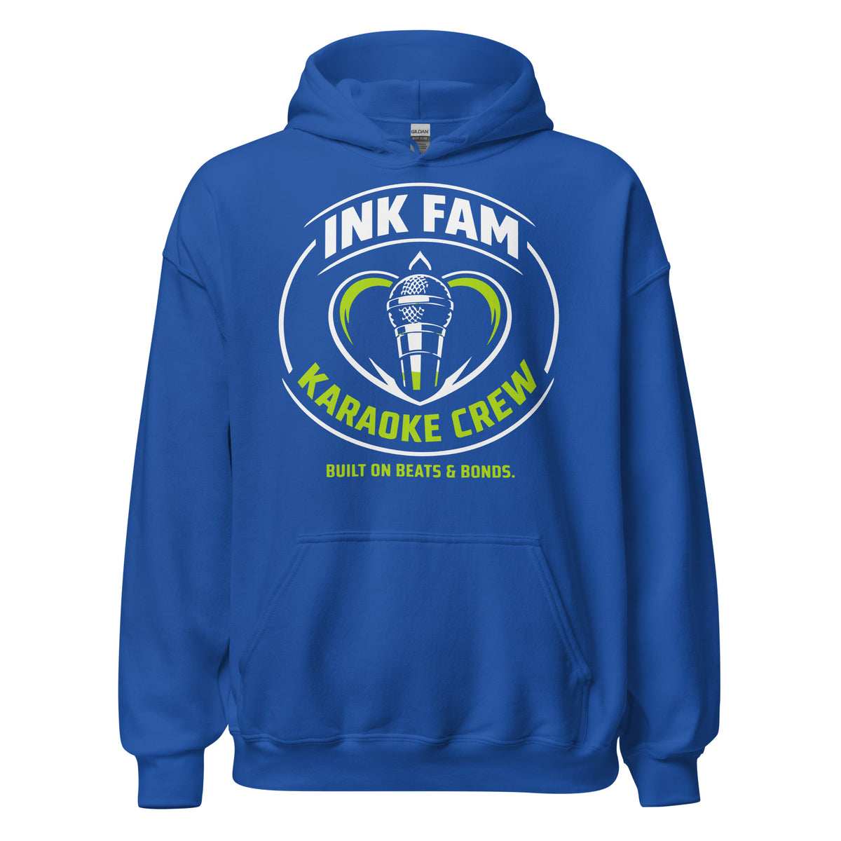 Royal pullover hoodie, front view, featuring the green-and-white circular DJ Ink Fam microphone badge.