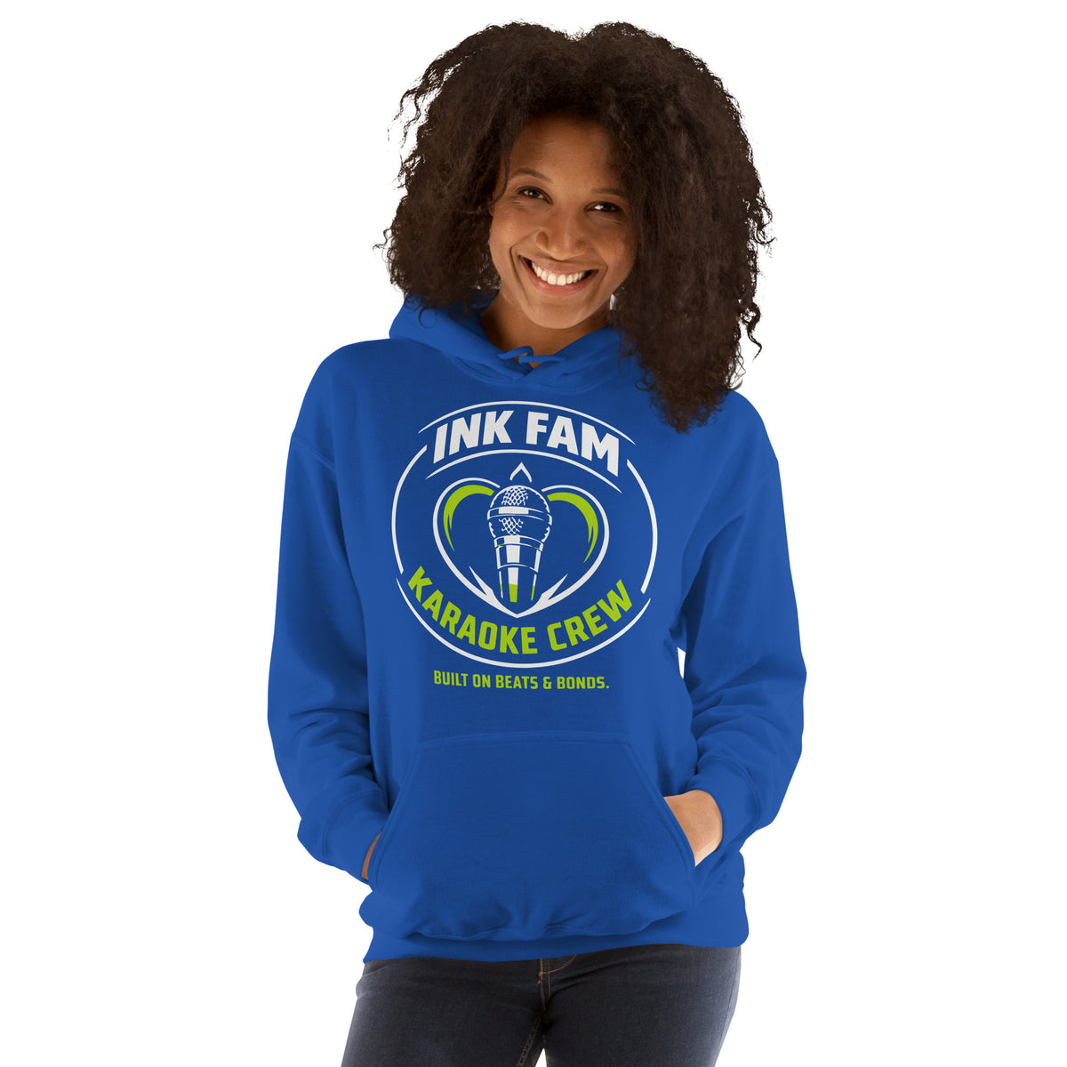 Royal pullover hoodie, front view, featuring the green-and-white circular DJ Ink Fam microphone badge.