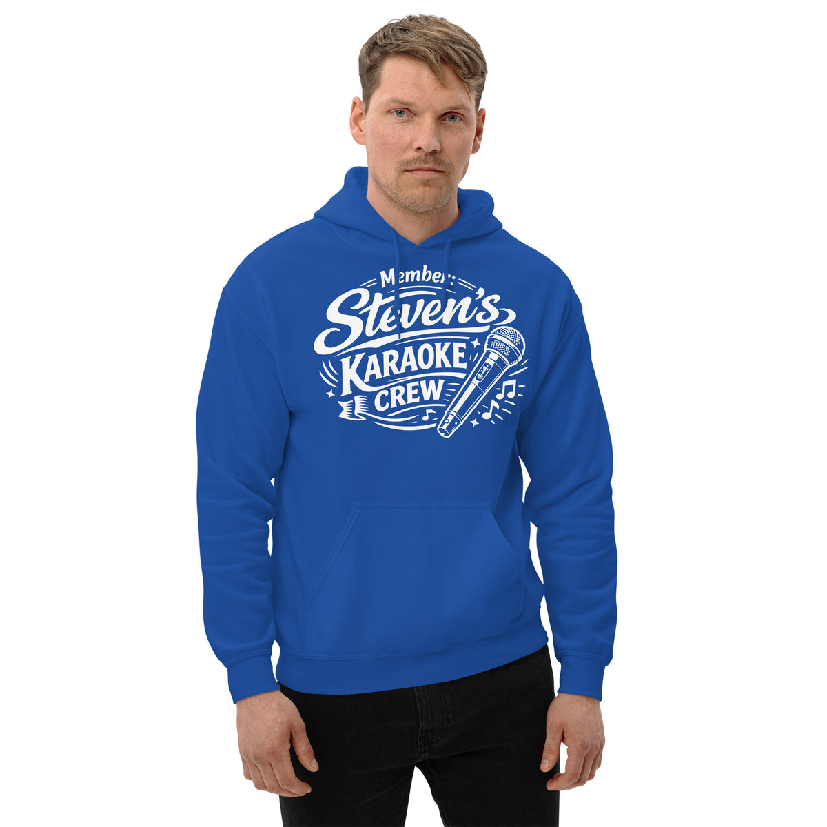 Royal pullover hoodie, front view, featuring Steven's Karaoke Crew lettering and microphone graphic.