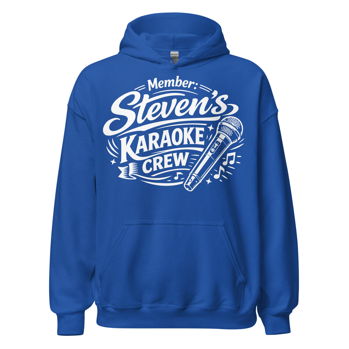 Royal pullover hoodie, front view, featuring Steven's Karaoke Crew lettering and microphone graphic.