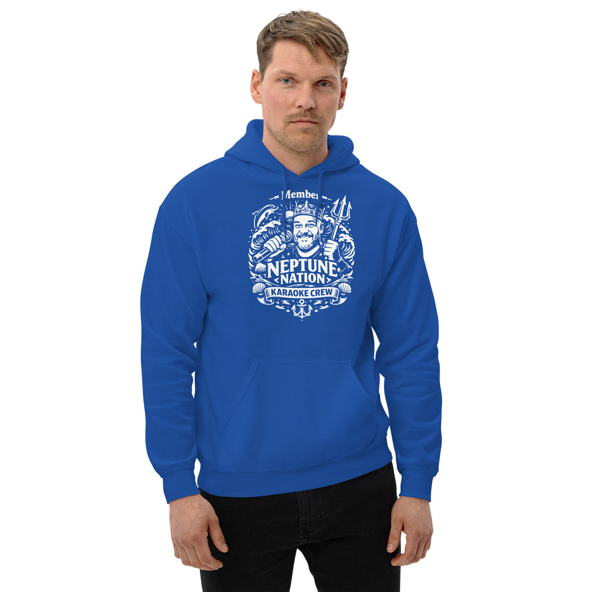 Royal pullover hoodie, front view, featuring KJ Neptune's Neptune Nation nautical microphone and trident badge.