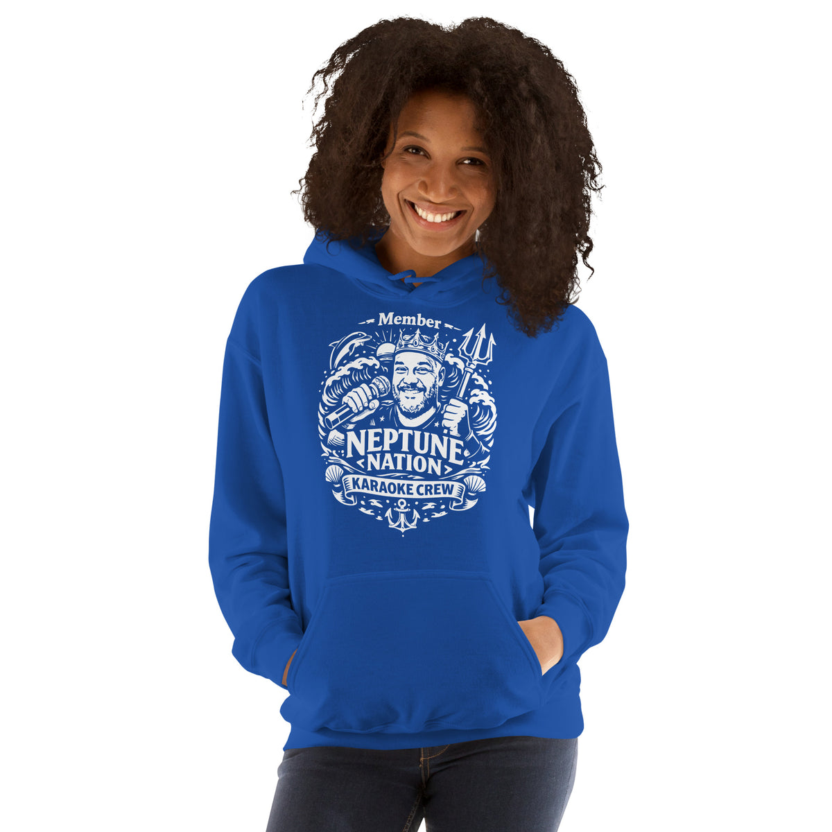 Royal pullover hoodie, front view, featuring KJ Neptune's Neptune Nation nautical microphone and trident badge.
