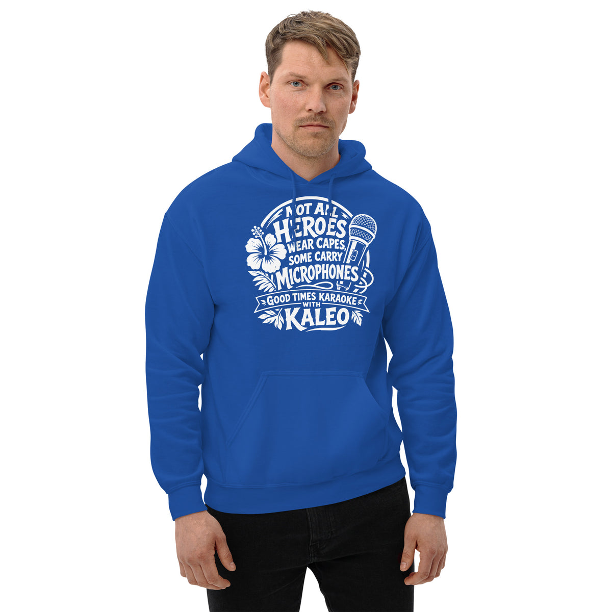Royal pullover hoodie, front view, featuring Kaleo's Karaoke Heroes 'Not All Heroes Wear Capes, Some Carry Microphones' graphic.