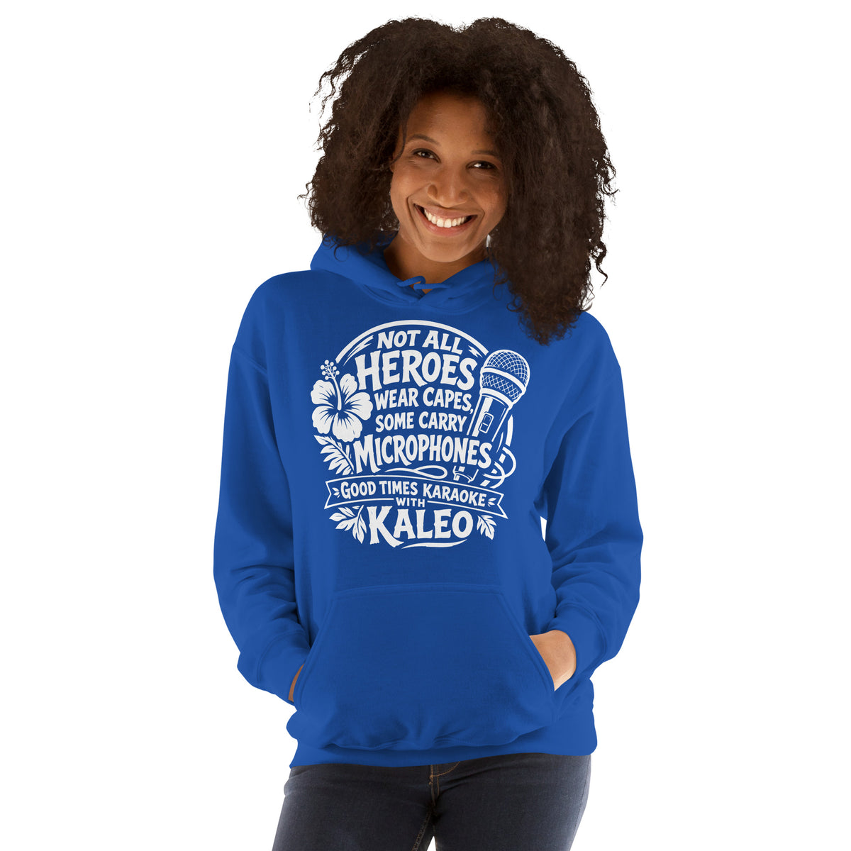 Royal pullover hoodie, front view, featuring Kaleo's Karaoke Heroes 'Not All Heroes Wear Capes, Some Carry Microphones' graphic.
