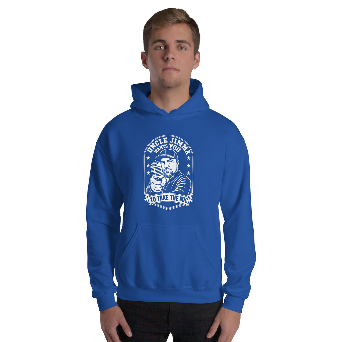 Royal pullover hoodie, front view, featuring Uncle Jimma Wants You to Take the Mic pointing portrait and microphone.