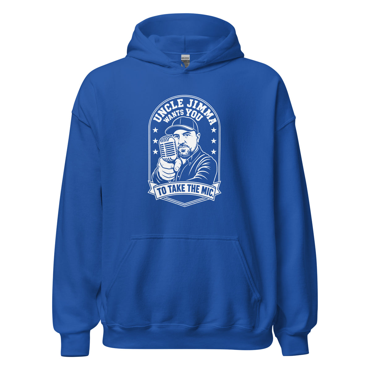 Royal pullover hoodie, front view, featuring Uncle Jimma Wants You to Take the Mic pointing portrait and microphone.