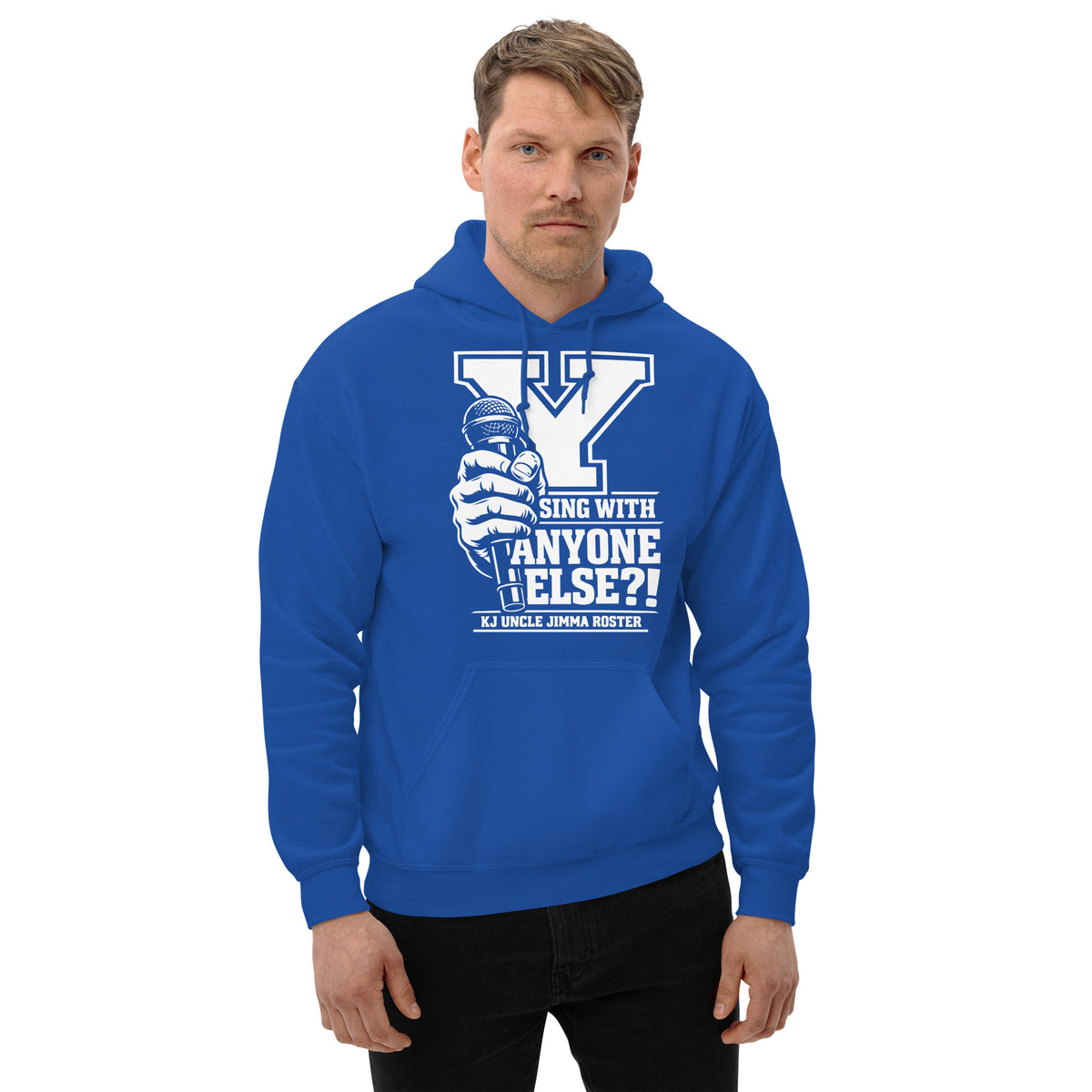 Royal pullover hoodie, front view, featuring Uncle Jimma Roster Anthem varsity Y with hand-held microphone.