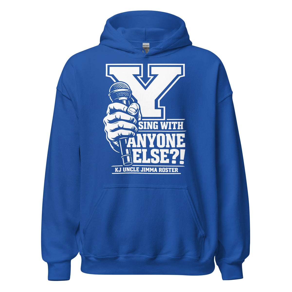 Royal pullover hoodie, front view, featuring Uncle Jimma Roster Anthem varsity Y with hand-held microphone.