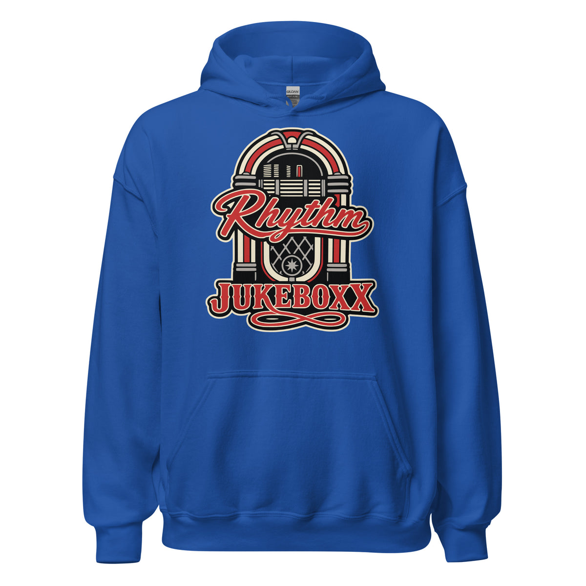 Royal pullover hoodie, front view, featuring Rhythm Jukeboxx red-and-cream retro jukebox graphic.