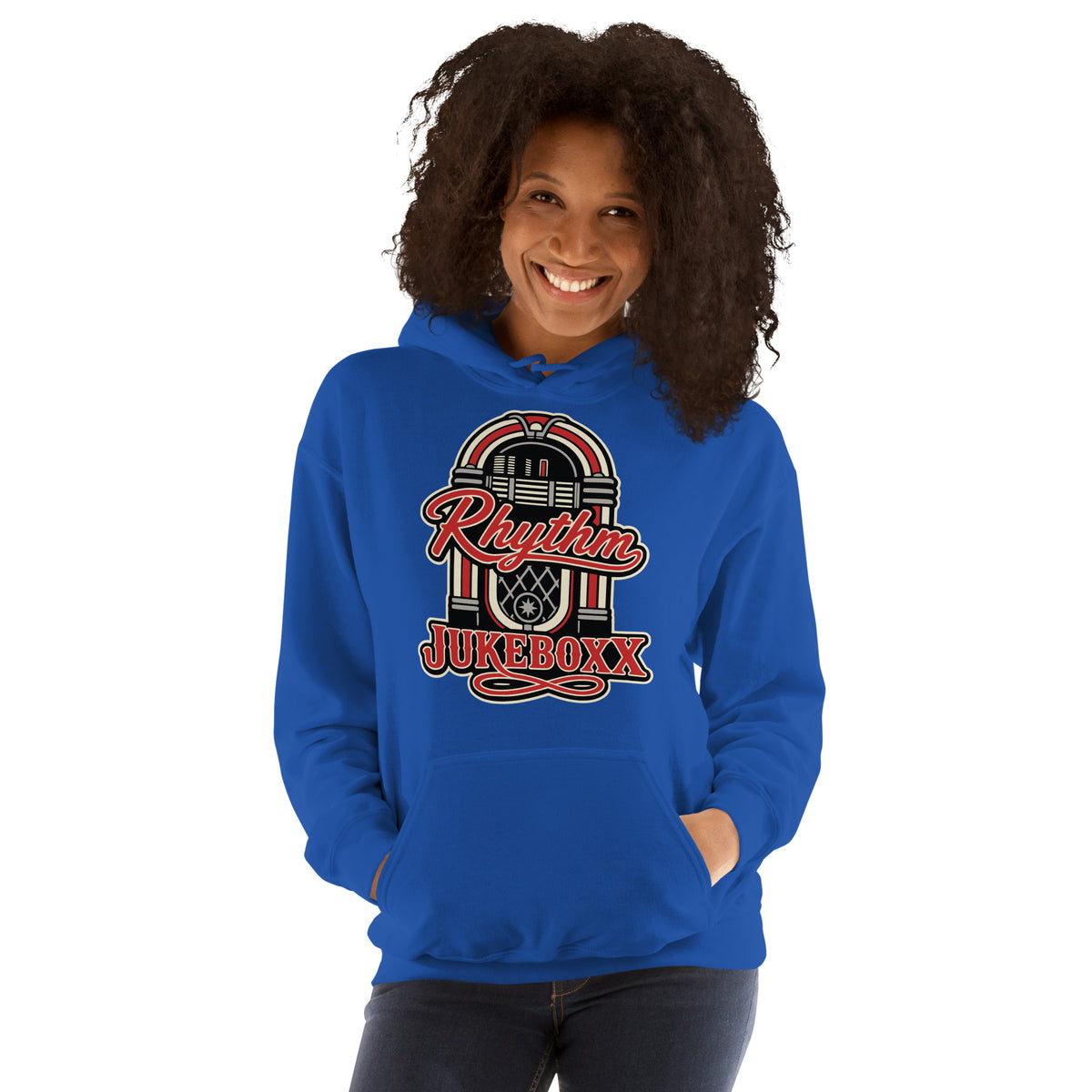 Royal pullover hoodie, front view, featuring Rhythm Jukeboxx red-and-cream retro jukebox graphic.