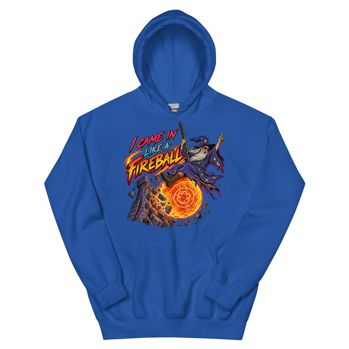 Royal pullover hoodie, front view, featuring the I Came In Like a Fireball wizard design