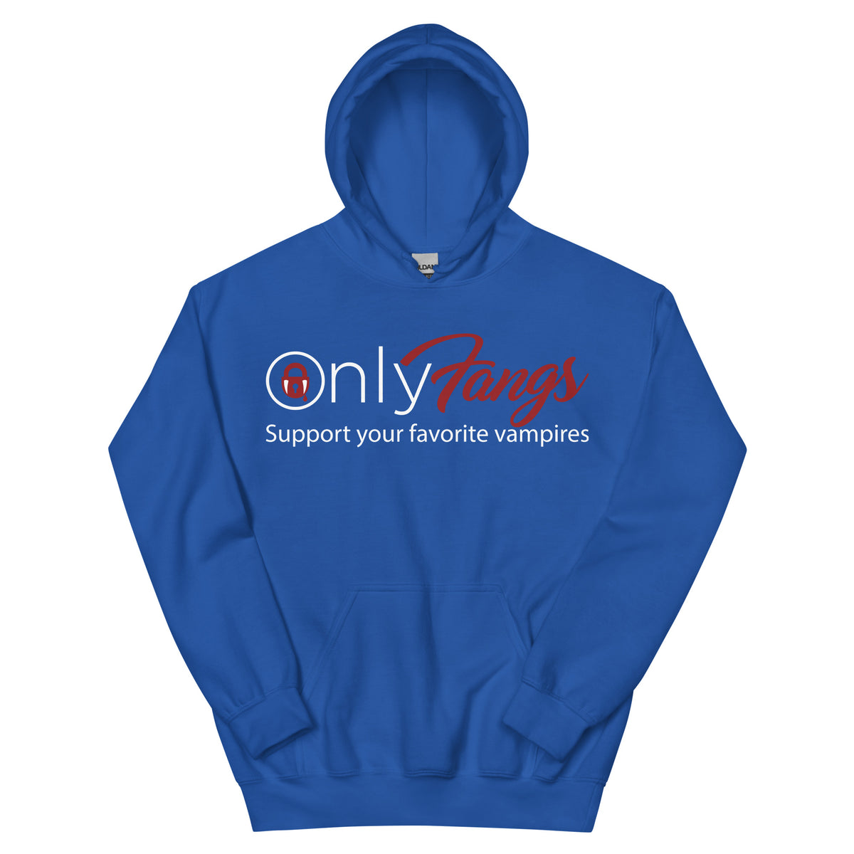 Royal pullover hoodie, front view, featuring the OnlyFangs vampire design