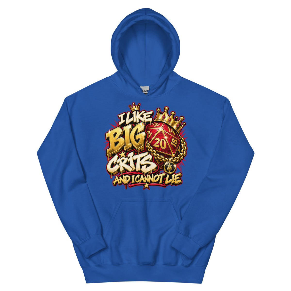 Royal pullover hoodie, front view, featuring the I Like Big Crits and I Cannot Lie crowned d20 design
