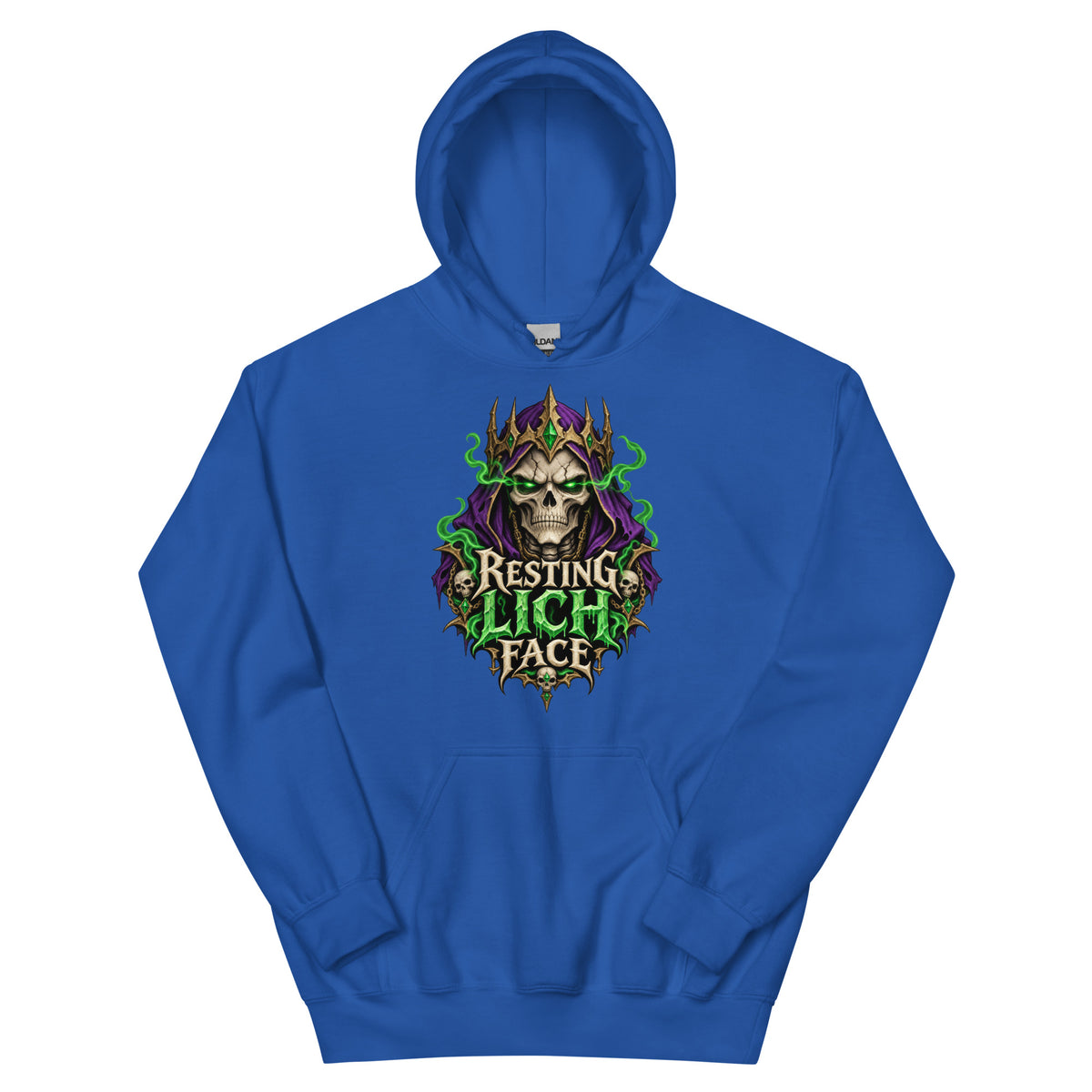 Royal pullover hoodie, front view, featuring the Resting Lich Face crowned skull lich design