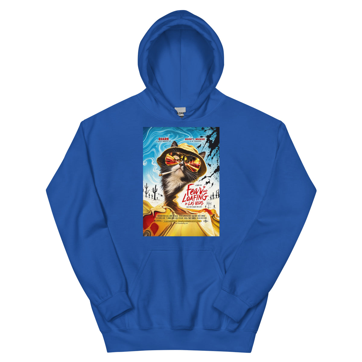Royal pullover hoodie, front view, featuring the Fear and Loafing in Las Vegas Quark cat poster design