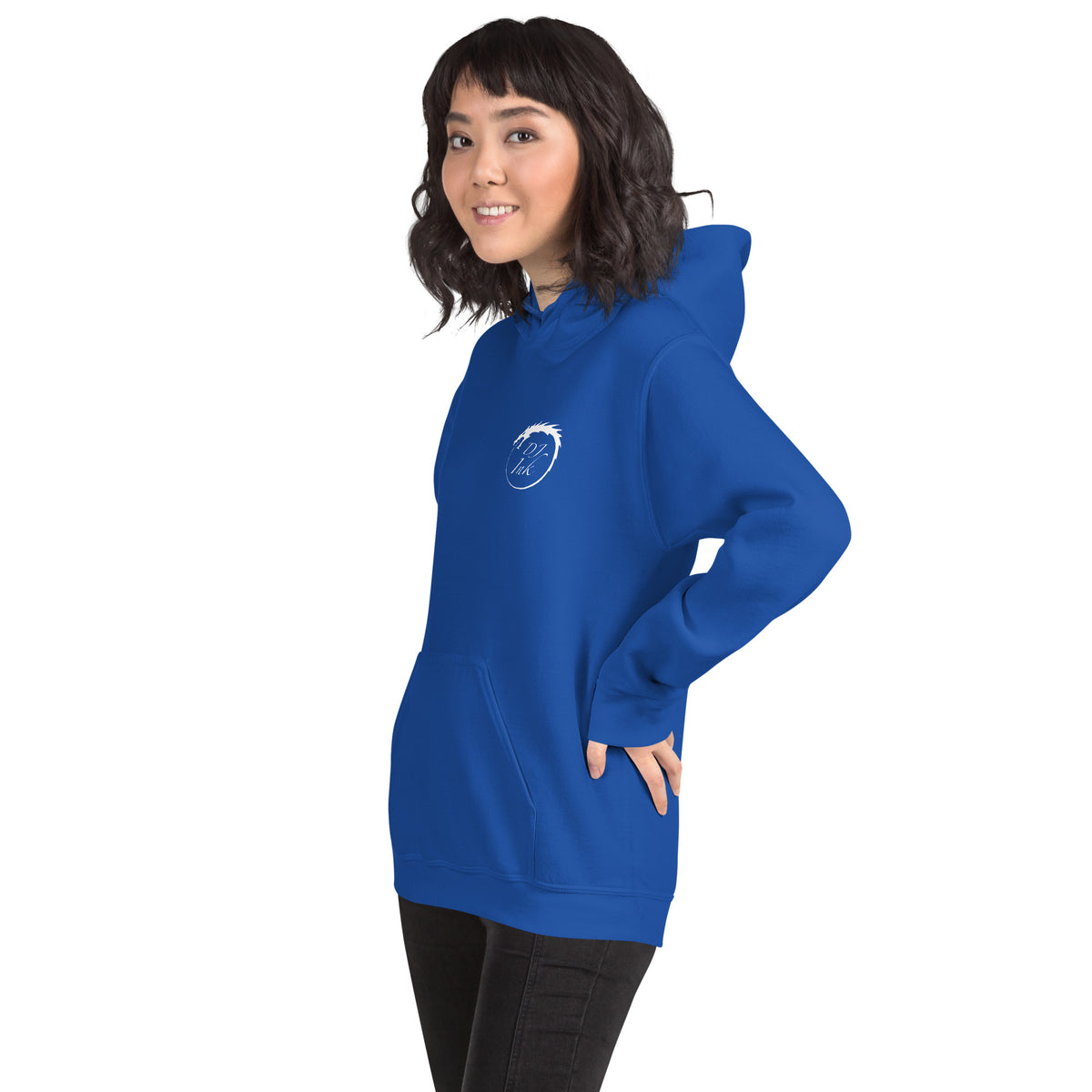 Royal pullover hoodie, left-front angled view, featuring DJ Ink white Ouroboros dragon-circle logo.