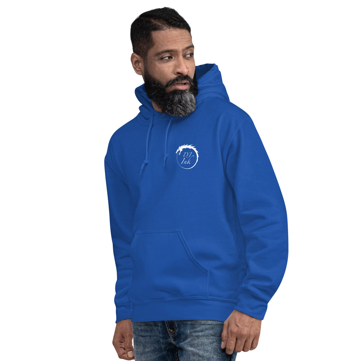Royal pullover hoodie, left-front angled view, featuring DJ Ink white Ouroboros dragon-circle logo.