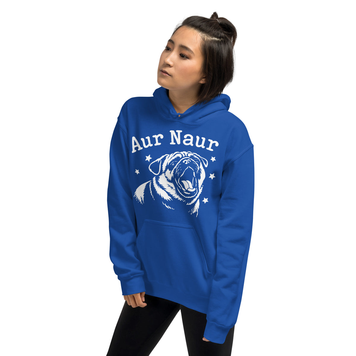 Royal pullover hoodie, left-front angled view, featuring Aur Naur white pug portrait and star-accented lettering.