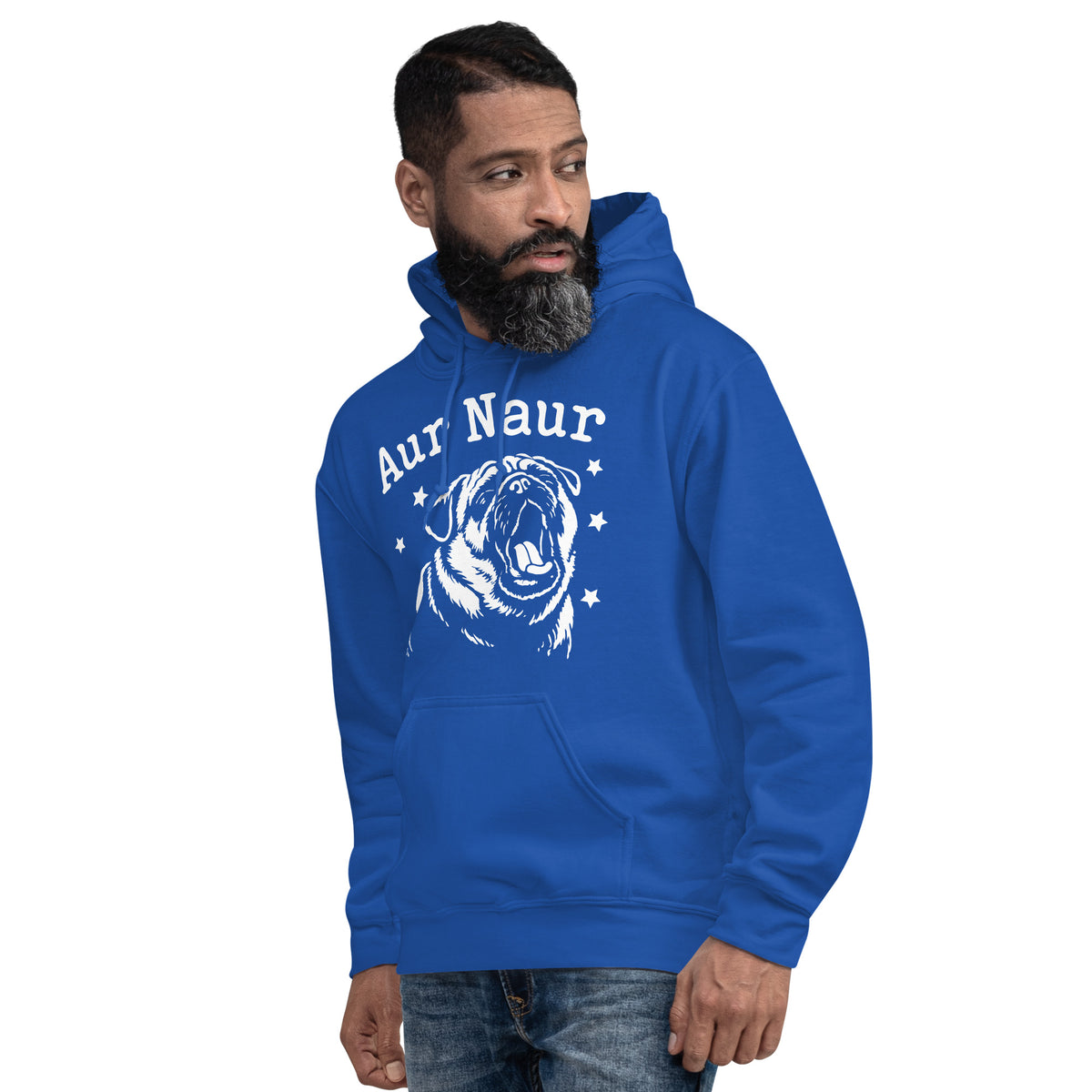 Royal pullover hoodie, left-front angled view, featuring Aur Naur white pug portrait and star-accented lettering.
