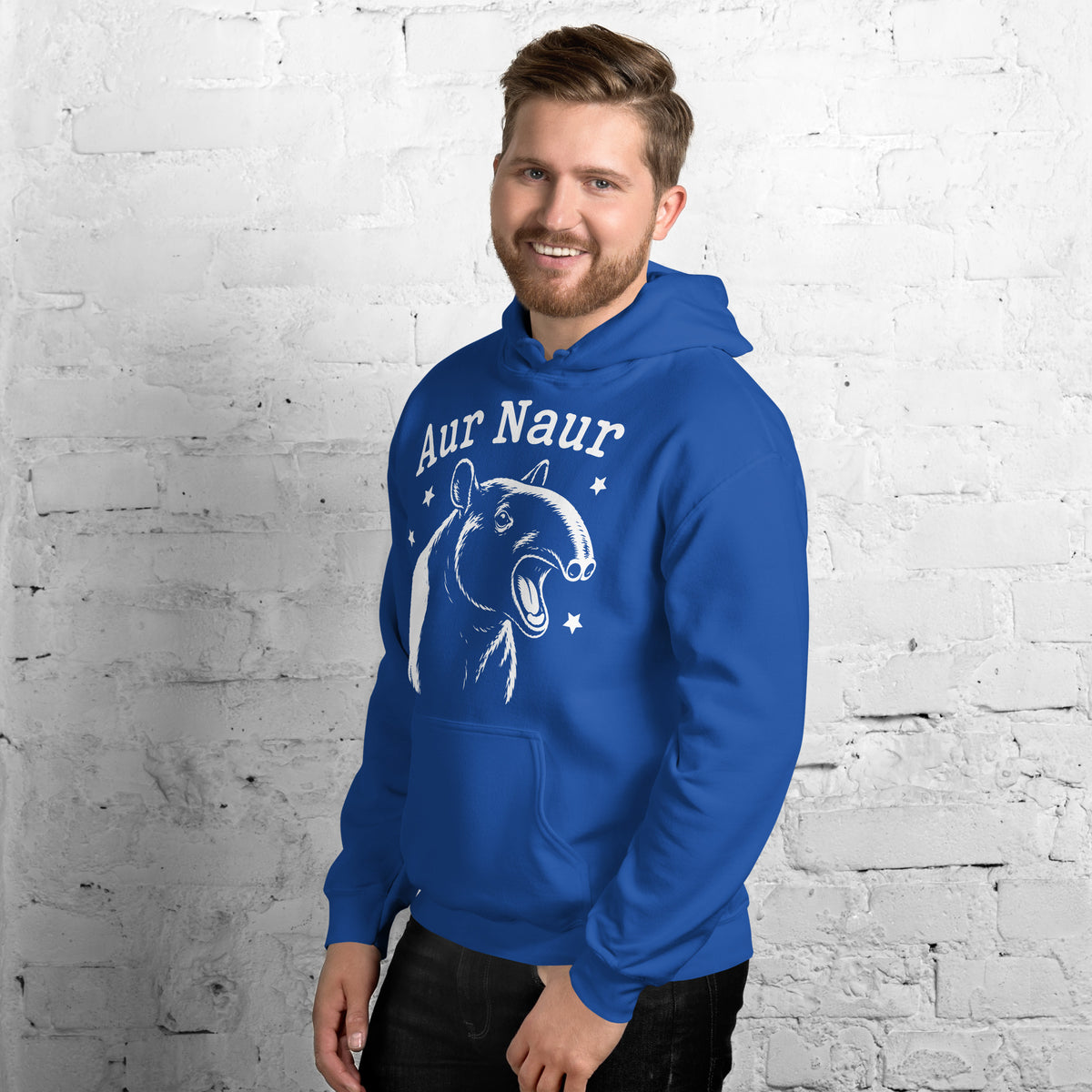 Royal pullover hoodie, left-front angled view, featuring Aur Naur white tapir portrait, stars and lettering.