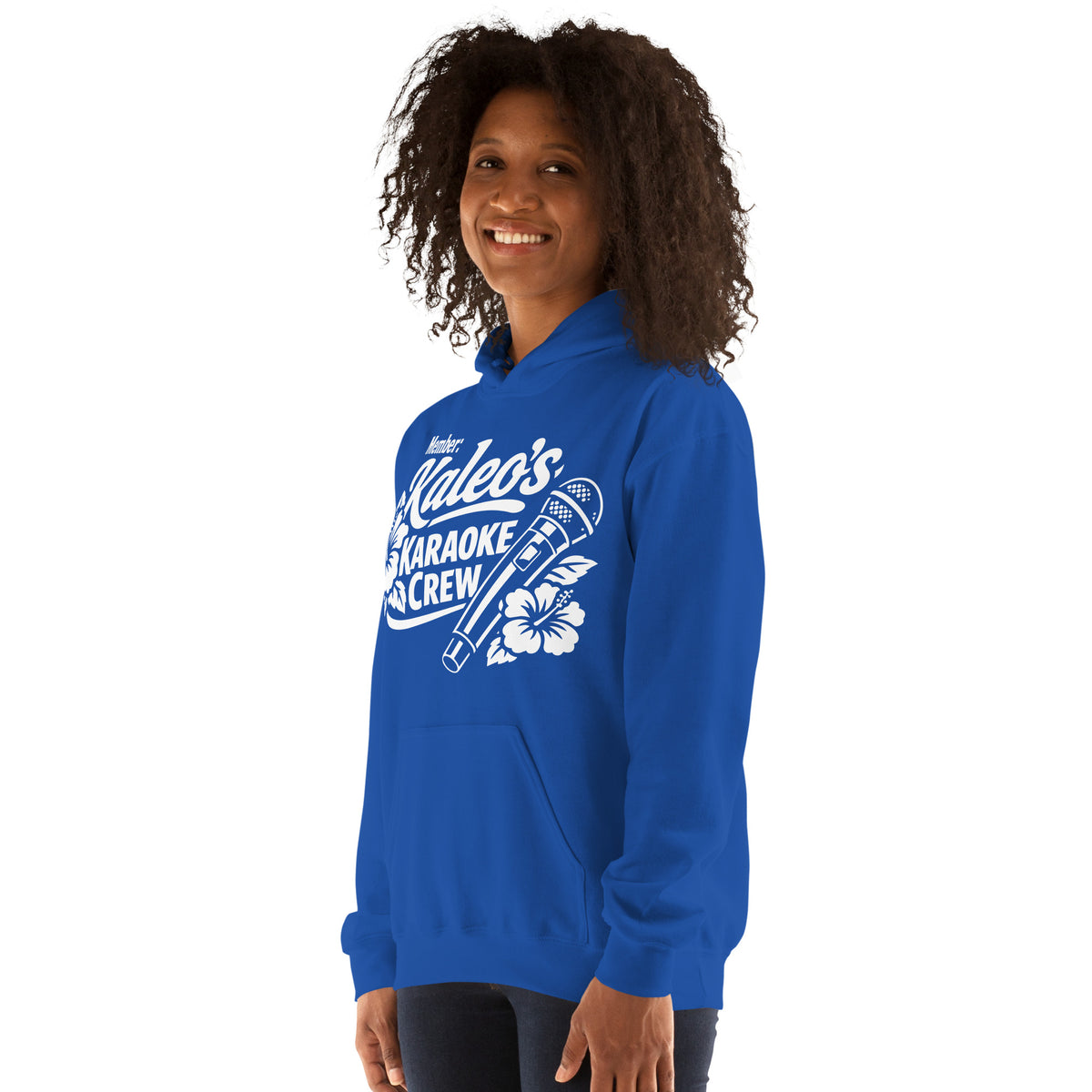 Royal pullover hoodie, left-front angled view, featuring Kaleo's Karaoke Crew lettering, microphone, and hibiscus flowers.