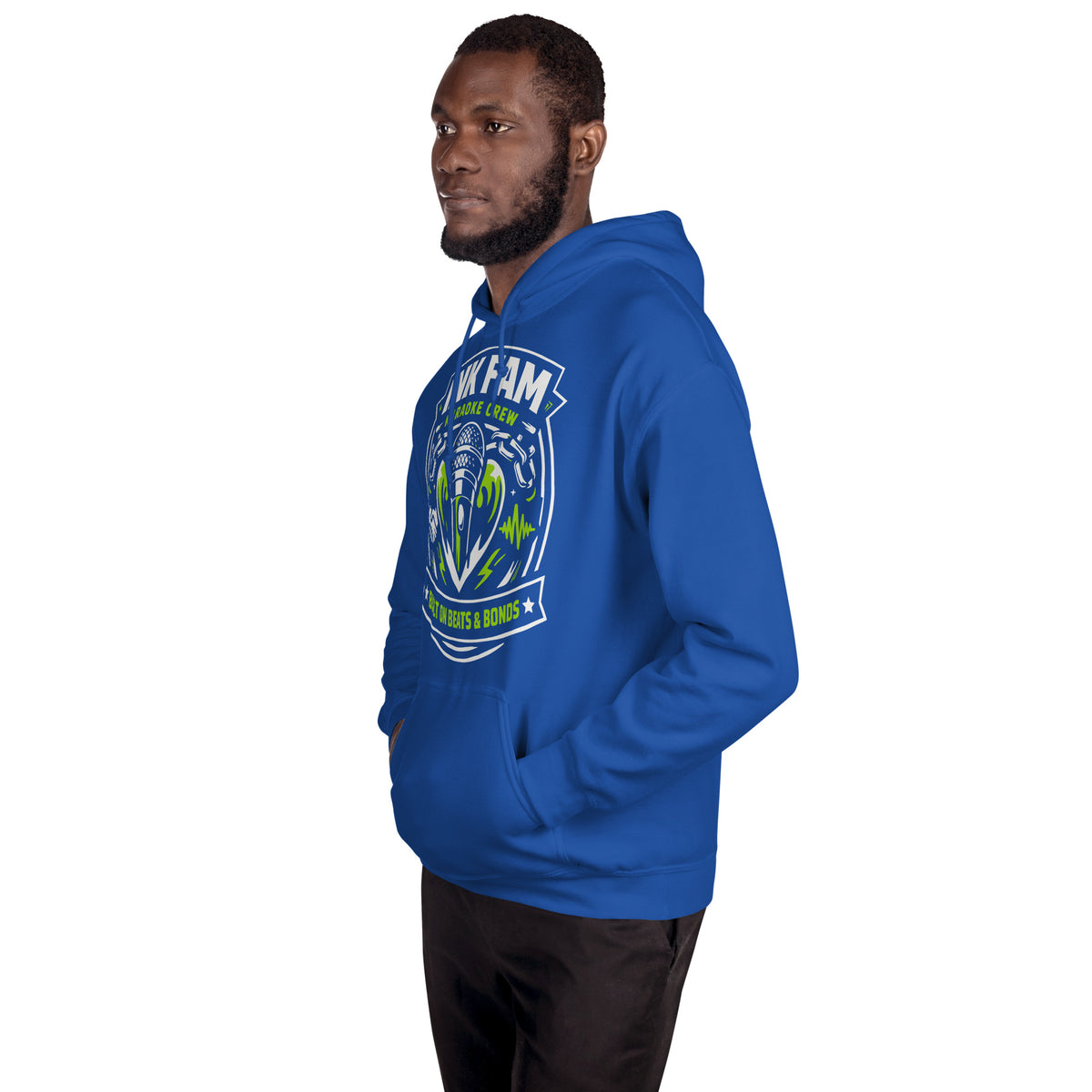 Royal pullover hoodie, left-front angled view, featuring DJ Ink Beats & Bonds shield with a microphone and green-and-white lettering.