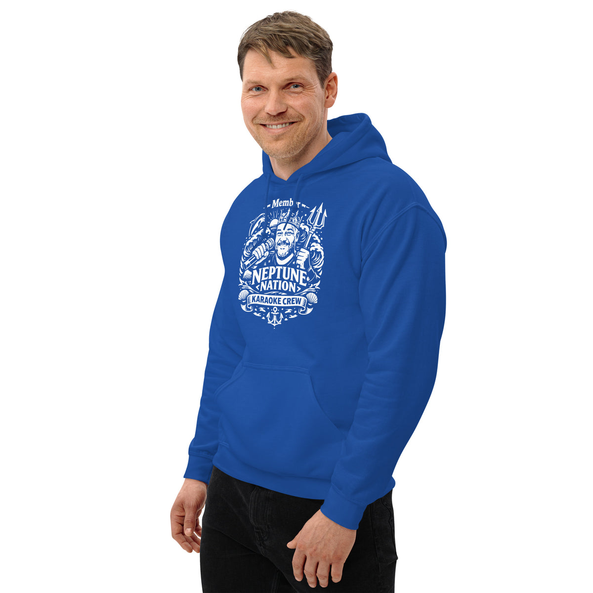Royal pullover hoodie, left-front angled view, featuring KJ Neptune's Neptune Nation nautical microphone and trident badge.