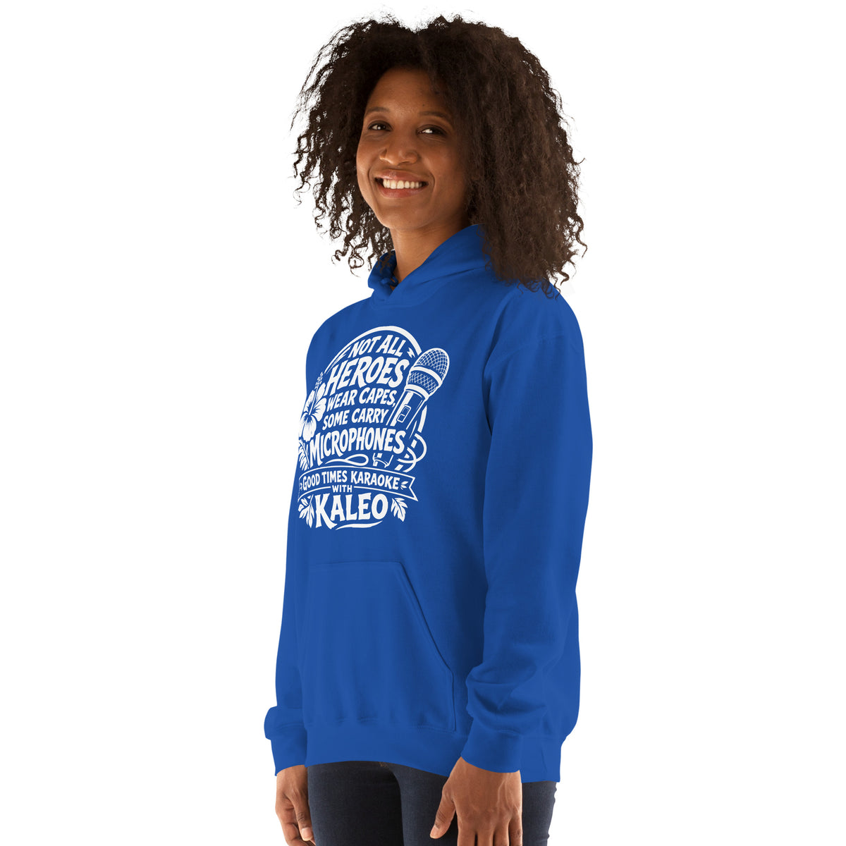 Royal pullover hoodie, left-front angled view, featuring Kaleo's Karaoke Heroes 'Not All Heroes Wear Capes, Some Carry Microphones' graphic.