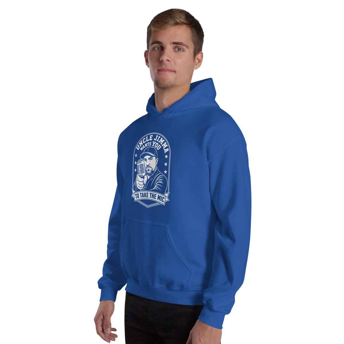 Royal pullover hoodie, left-front angled view, featuring Uncle Jimma Wants You to Take the Mic pointing portrait and microphone.