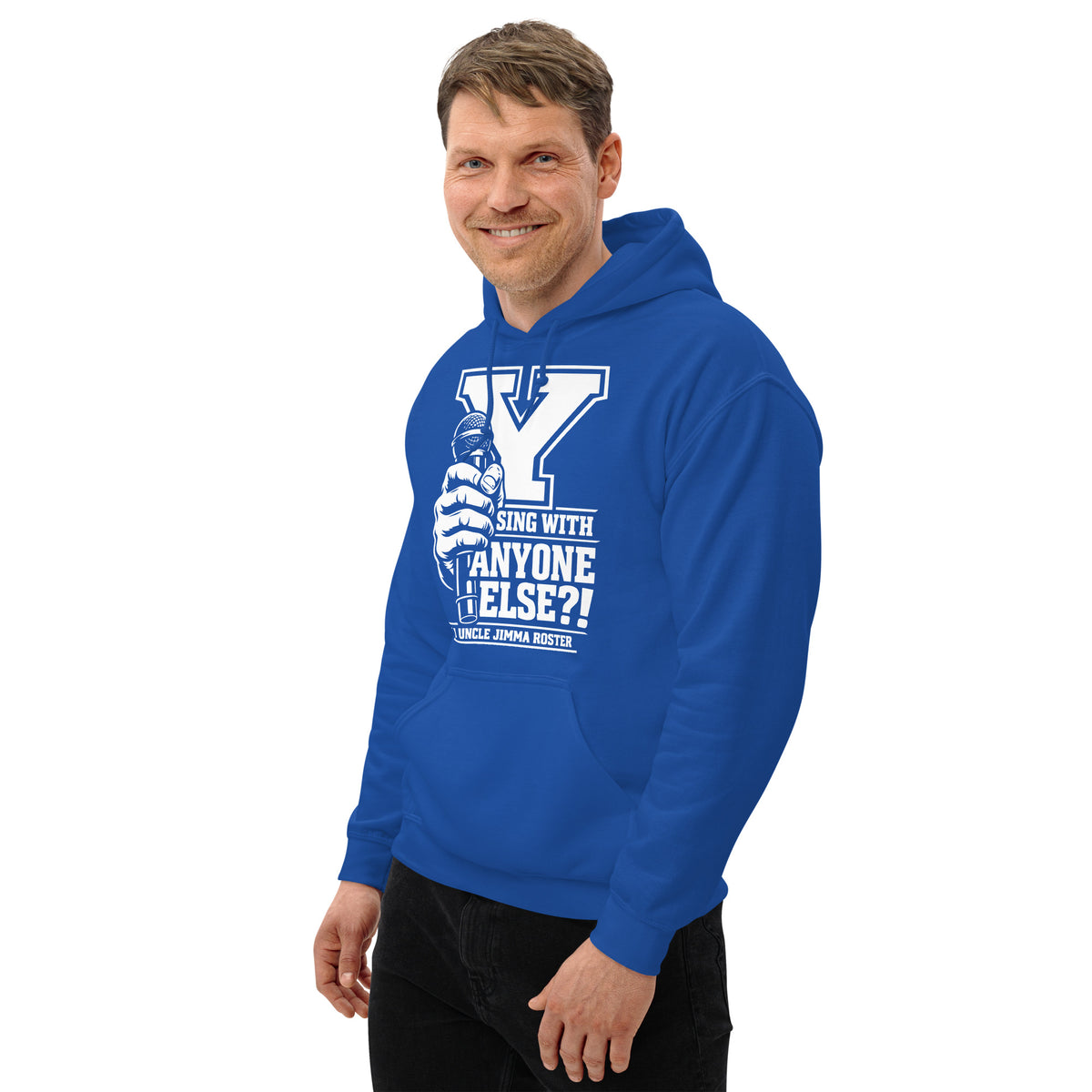Royal pullover hoodie, left-front angled view, featuring Uncle Jimma Roster Anthem varsity Y with hand-held microphone.