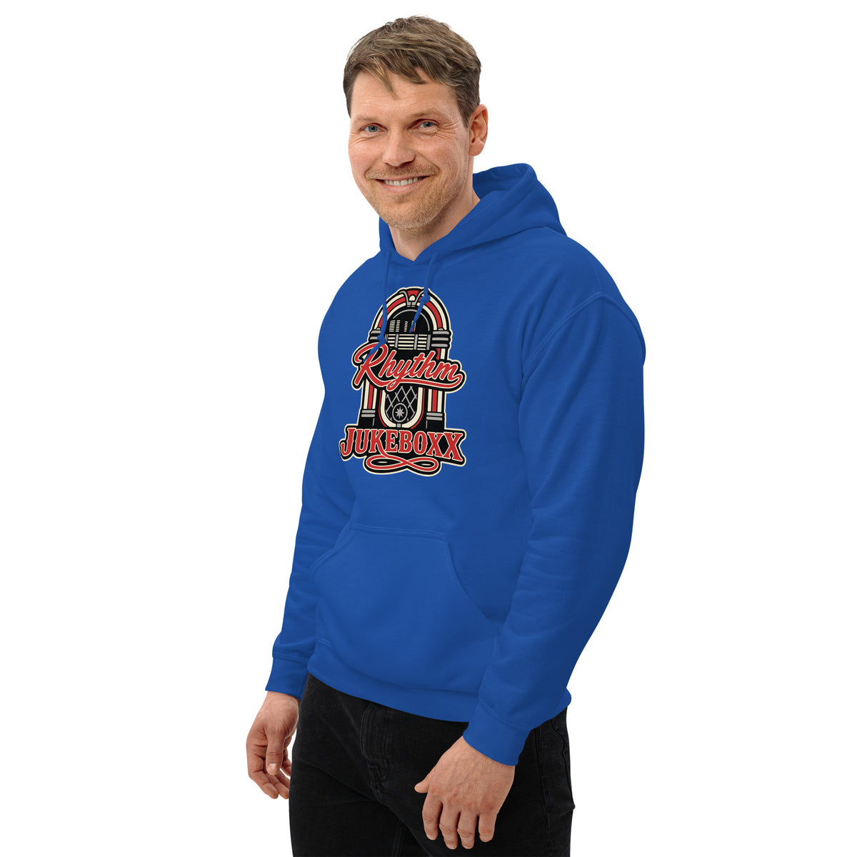 Royal pullover hoodie, left-front angled view, featuring Rhythm Jukeboxx red-and-cream retro jukebox graphic.