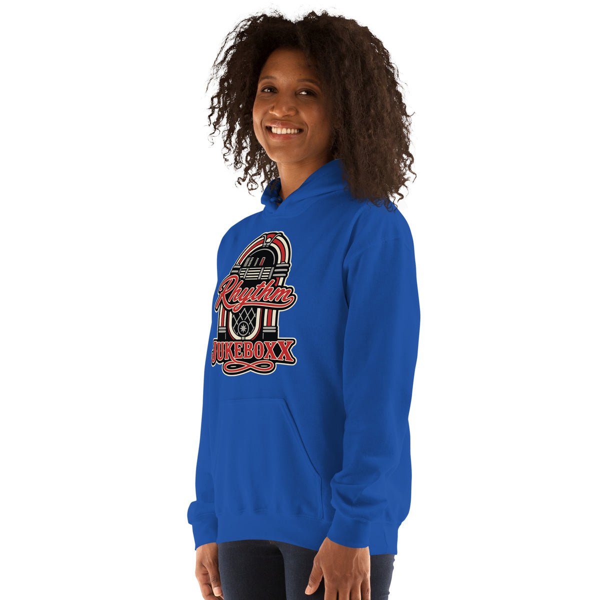 Royal pullover hoodie, left-front angled view, featuring Rhythm Jukeboxx red-and-cream retro jukebox graphic.