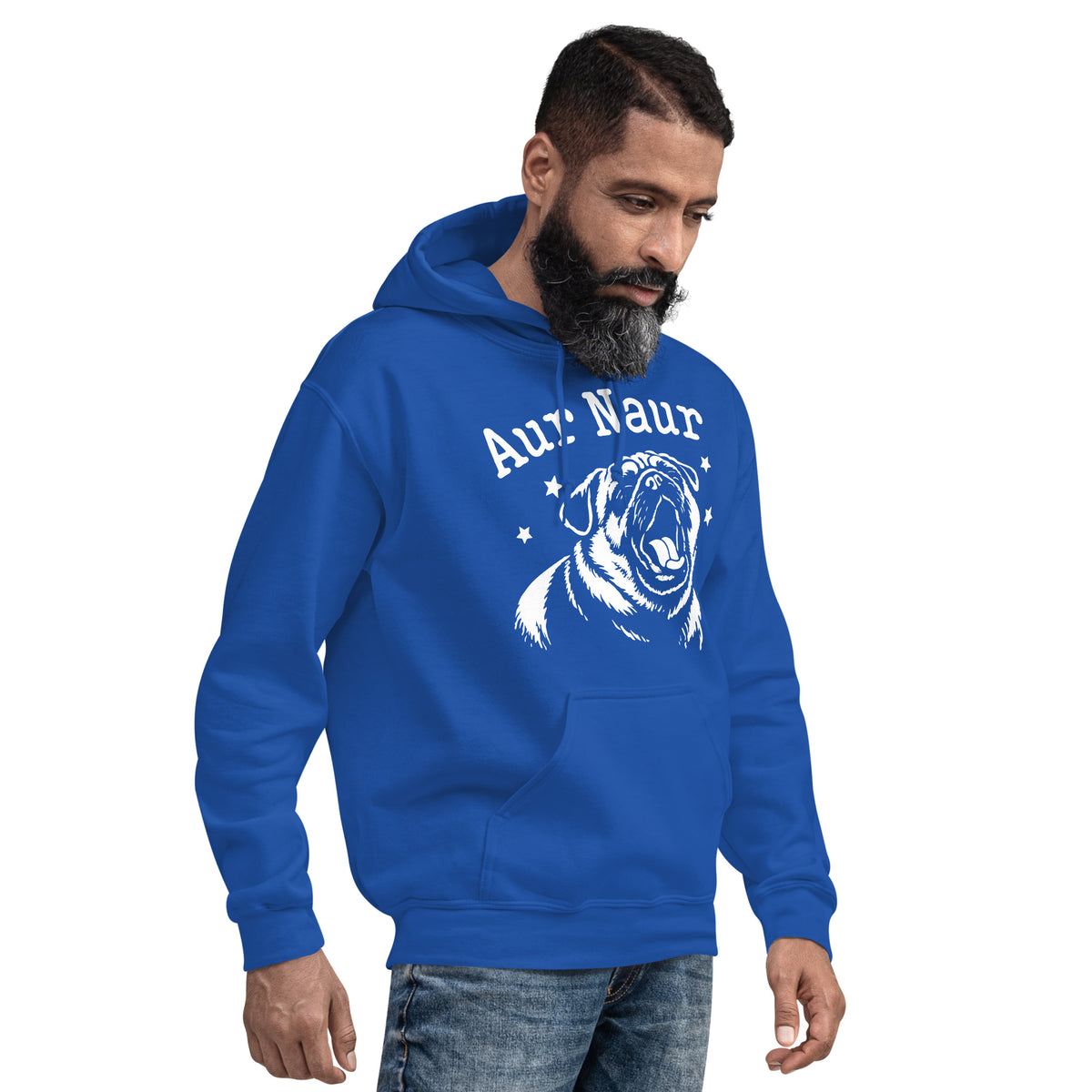 Royal pullover hoodie, right-front angled view, featuring Aur Naur white pug portrait and star-accented lettering.