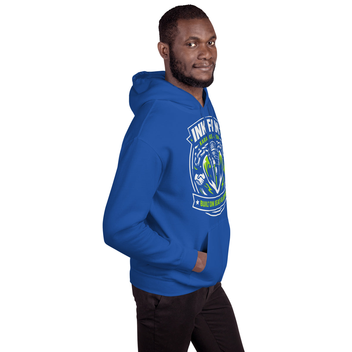 Royal pullover hoodie, right-front angled view, featuring DJ Ink Beats & Bonds shield with a microphone and green-and-white lettering.