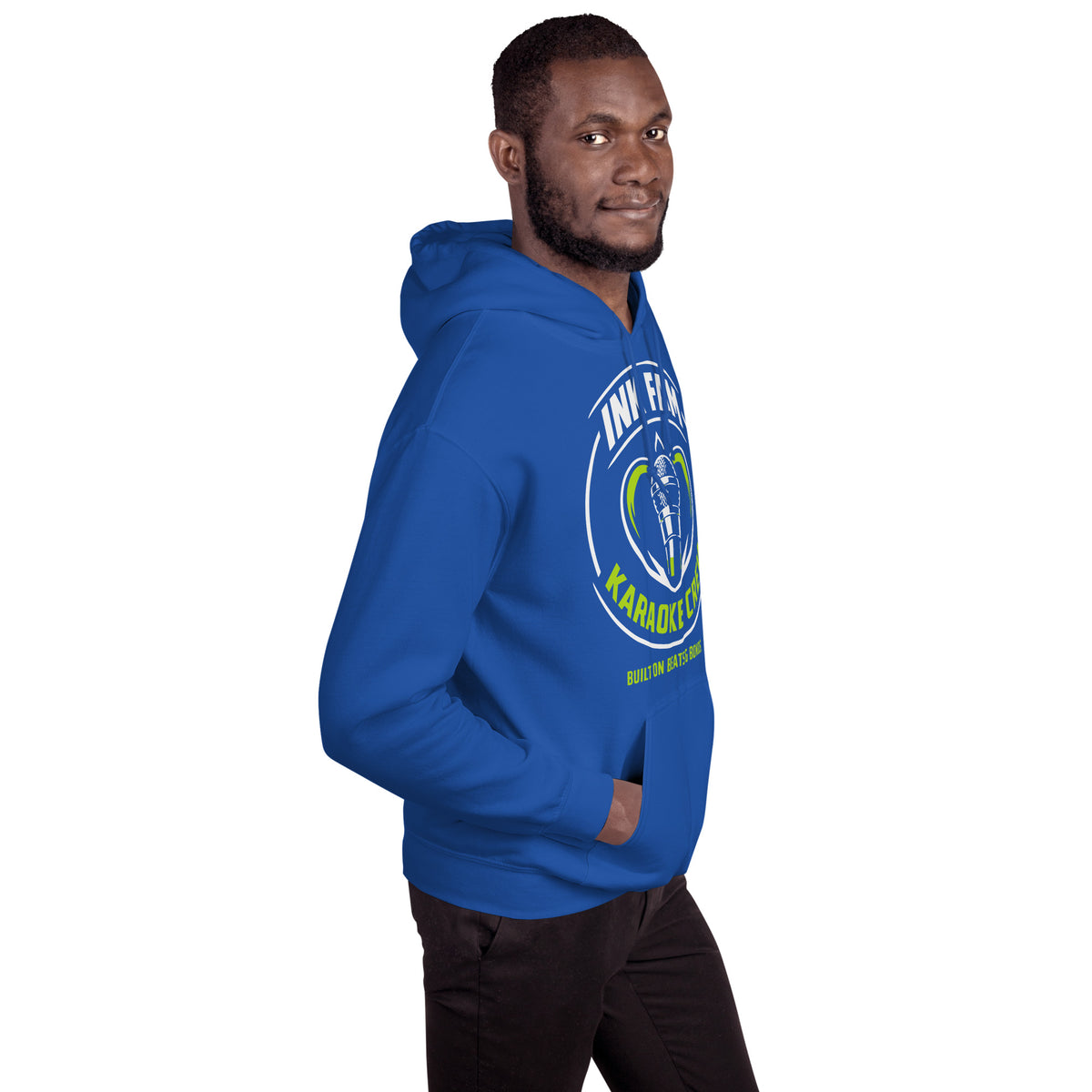 Royal pullover hoodie, right-front angled view, featuring the green-and-white circular DJ Ink Fam microphone badge.