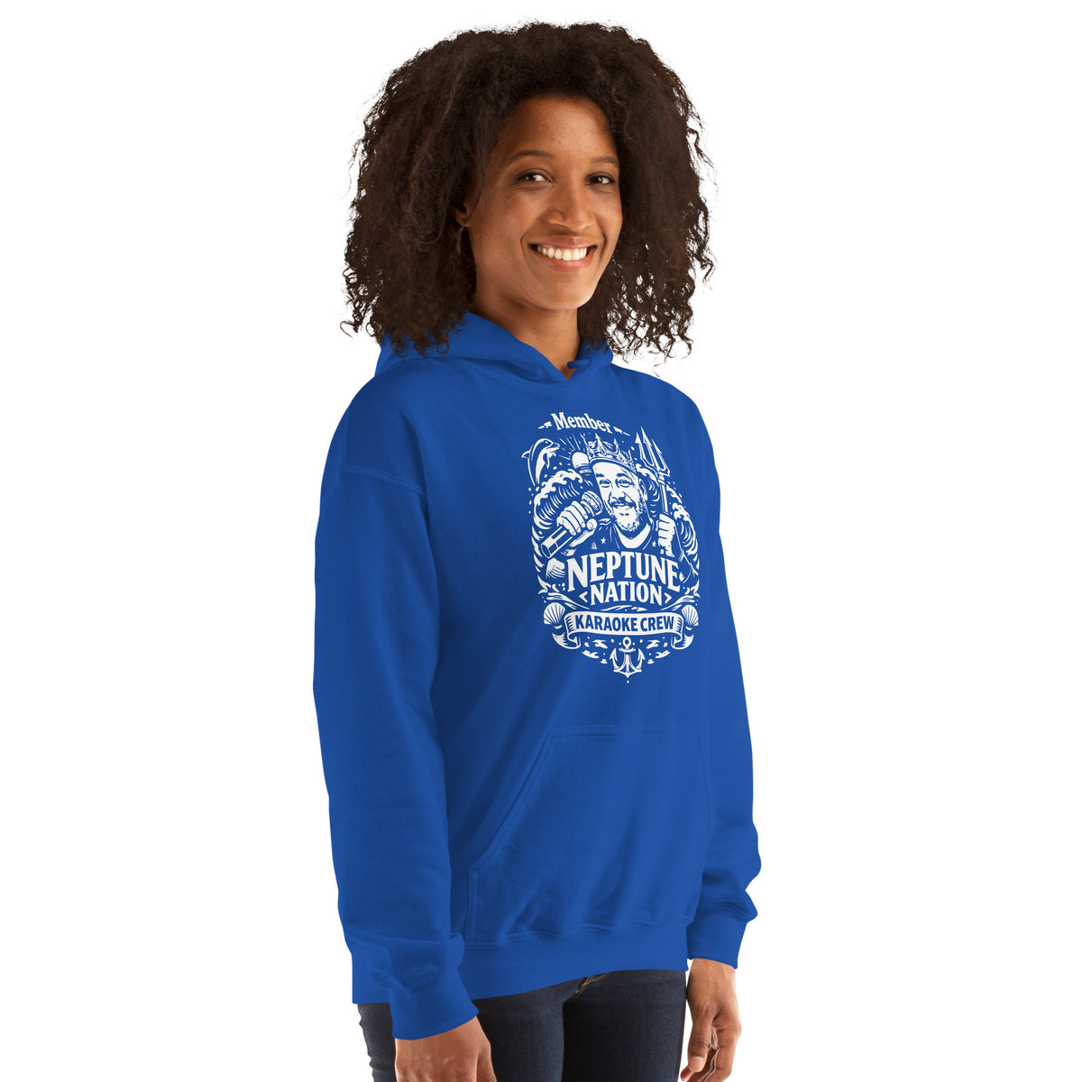 Royal pullover hoodie, right-front angled view, featuring KJ Neptune's Neptune Nation nautical microphone and trident badge.