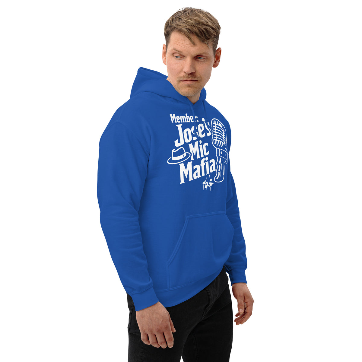Royal pullover hoodie, right-front angled view, featuring Jose's Mic Mafia microphone and fedora design.