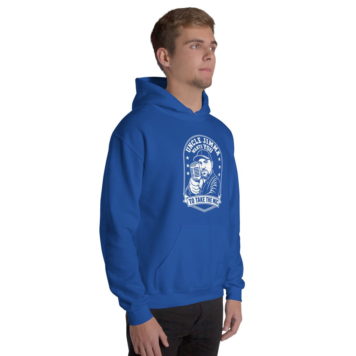 Royal pullover hoodie, right-front angled view, featuring Uncle Jimma Wants You to Take the Mic pointing portrait and microphone.