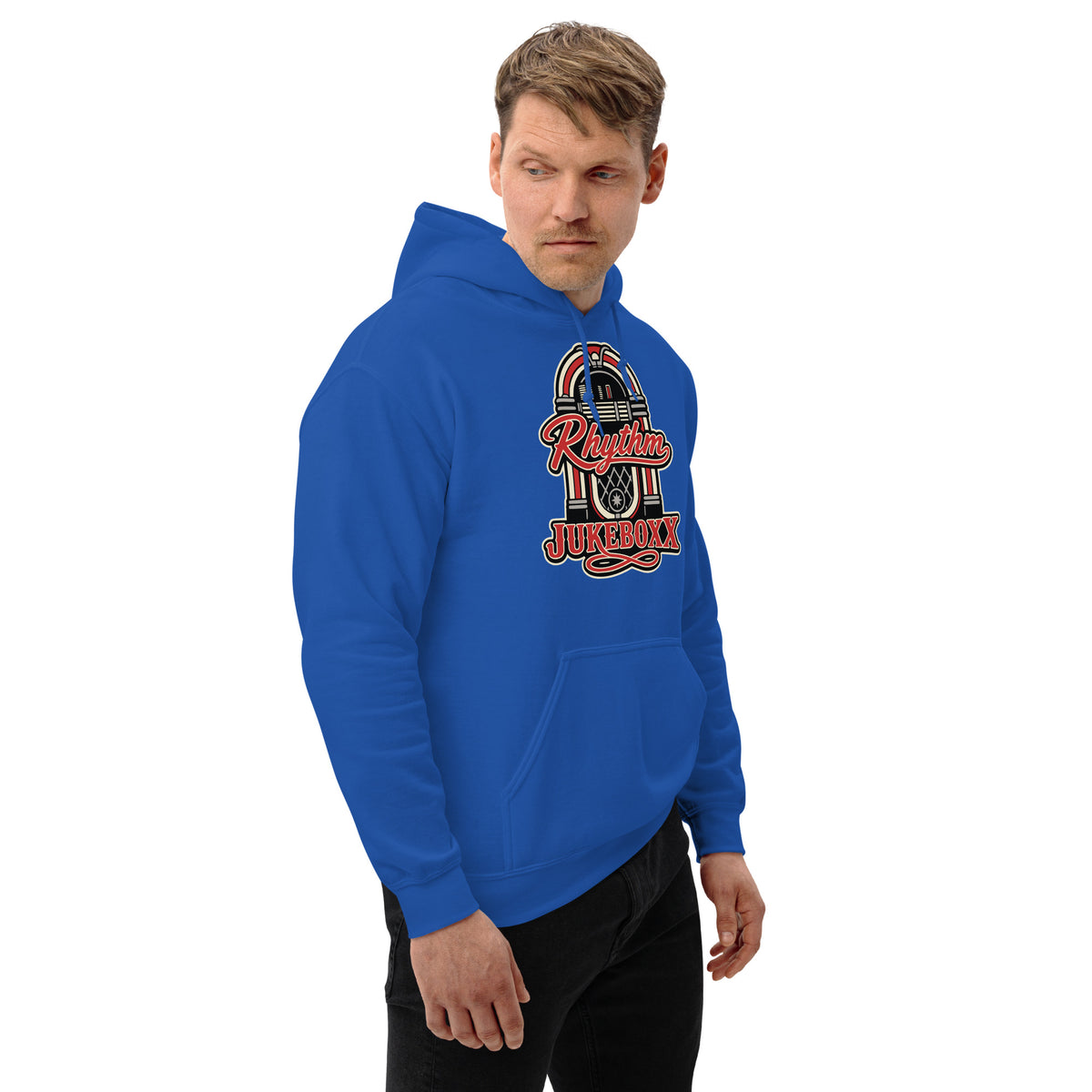 Royal pullover hoodie, right-front angled view, featuring Rhythm Jukeboxx red-and-cream retro jukebox graphic.
