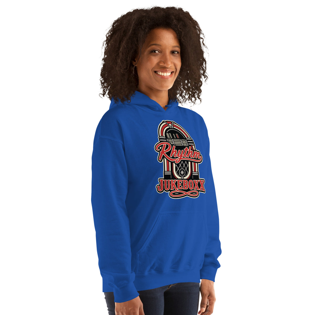 Royal pullover hoodie, right-front angled view, featuring Rhythm Jukeboxx red-and-cream retro jukebox graphic.