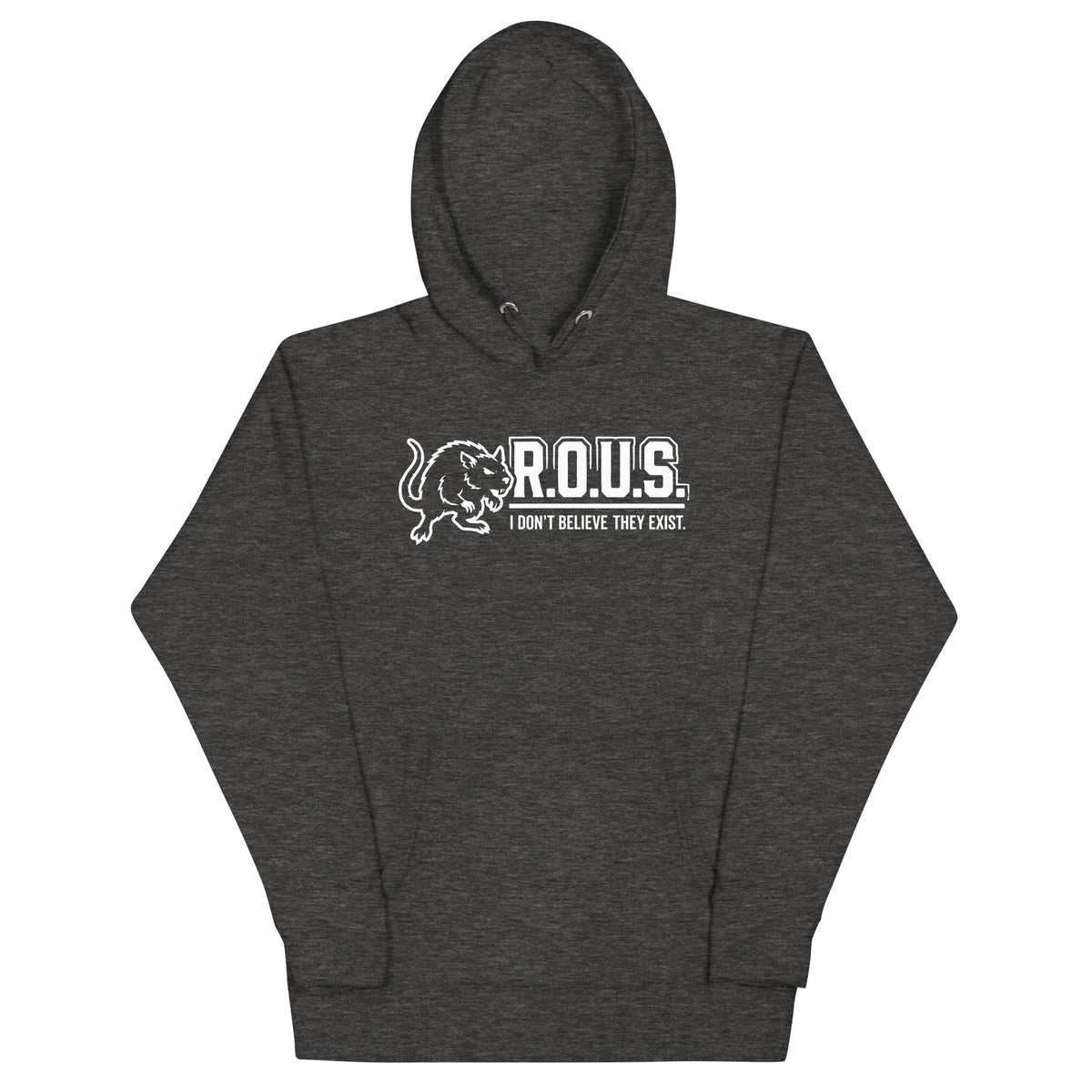 Charcoal Heather pullover hoodie, front view, featuring the R.O.U.S. Denial Squad Hoodie design