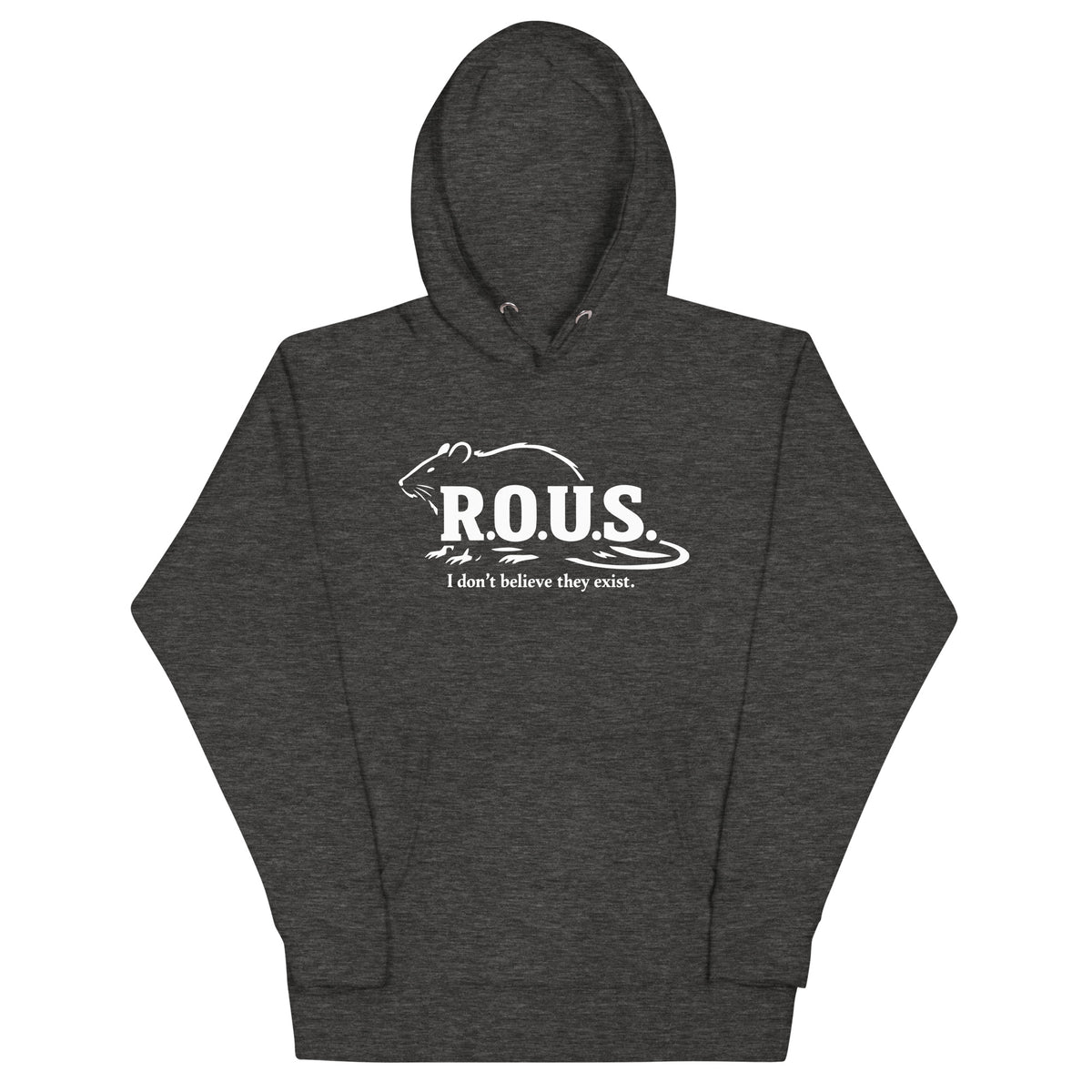 Charcoal Heather pullover hoodie, front view, featuring the R.O.U.S. Field Report Hoodie design