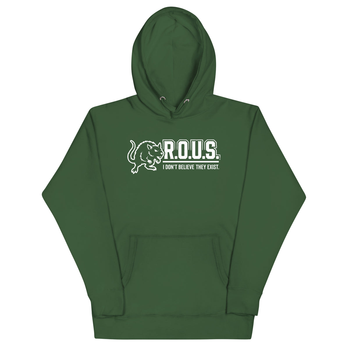 Forest Green pullover hoodie, front view, featuring the R.O.U.S. Denial Squad Hoodie design
