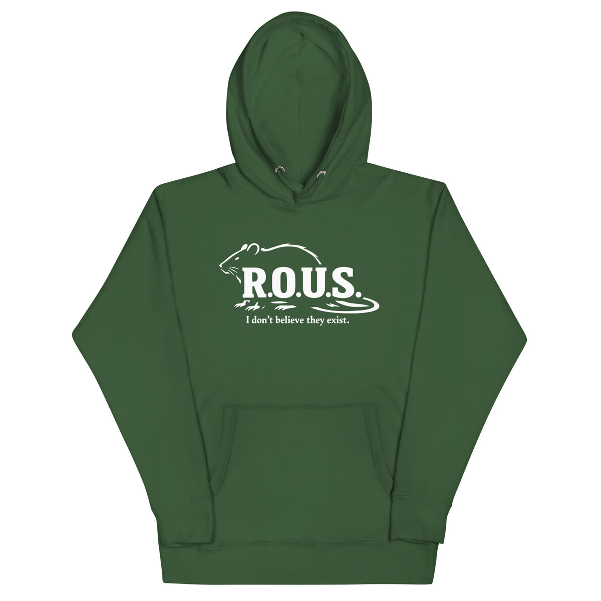 Forest Green pullover hoodie, front view, featuring the R.O.U.S. Field Report Hoodie design