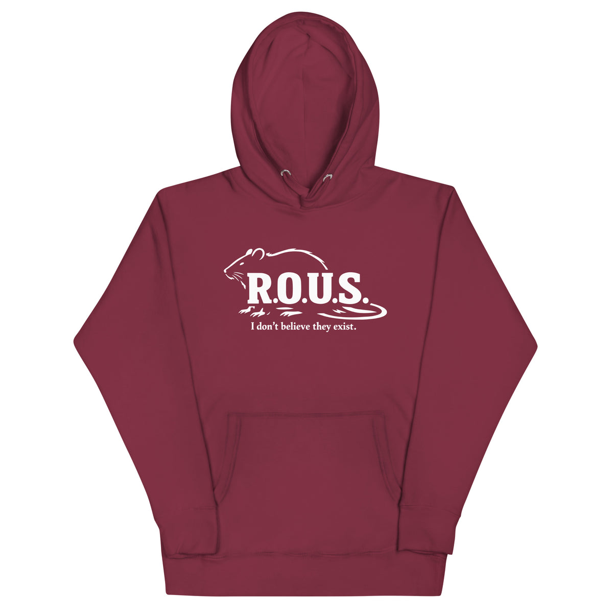 Maroon pullover hoodie, front view, featuring the R.O.U.S. Field Report Hoodie design