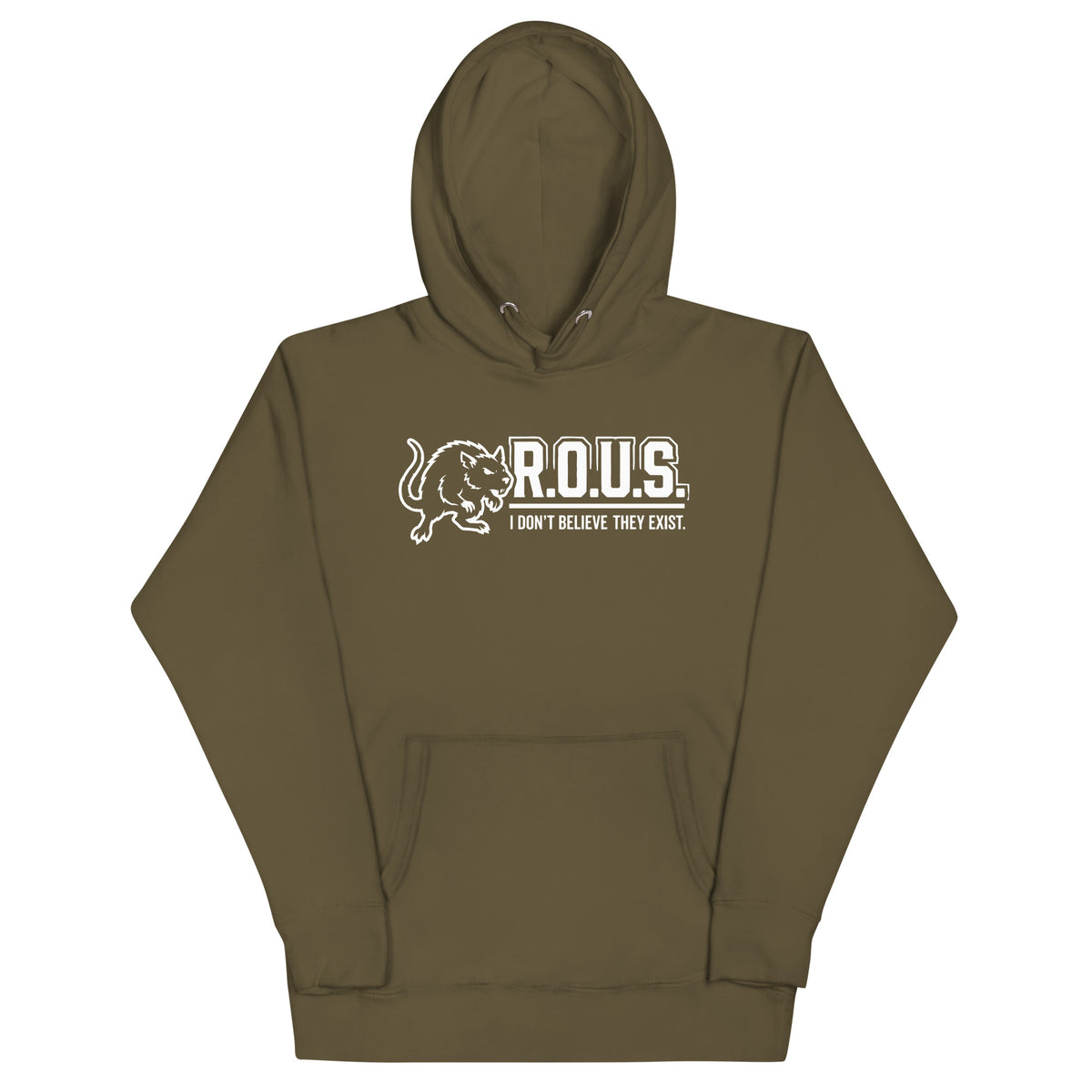 Military Green pullover hoodie, front view, featuring the R.O.U.S. Denial Squad Hoodie design