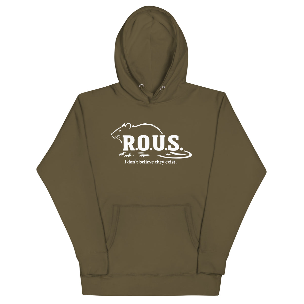 Military Green pullover hoodie, front view, featuring the R.O.U.S. Field Report Hoodie design